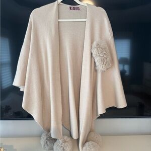 Cream Knit Poncho with Pom Poms
